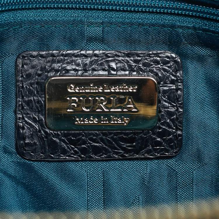 Pre Owned Furla Black Croc Embossed Leather Zip Clutch