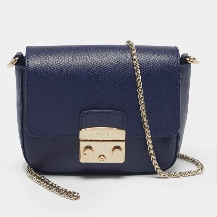 Pre Owned Furla Metropolis Mini Navy Blue Leather Crossbody Bag