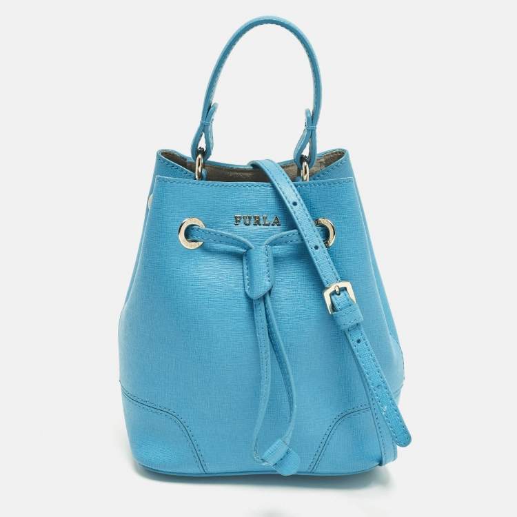 Pre Owned Furla Stacy Mini Blue Leather Drawstring Bucket Bag