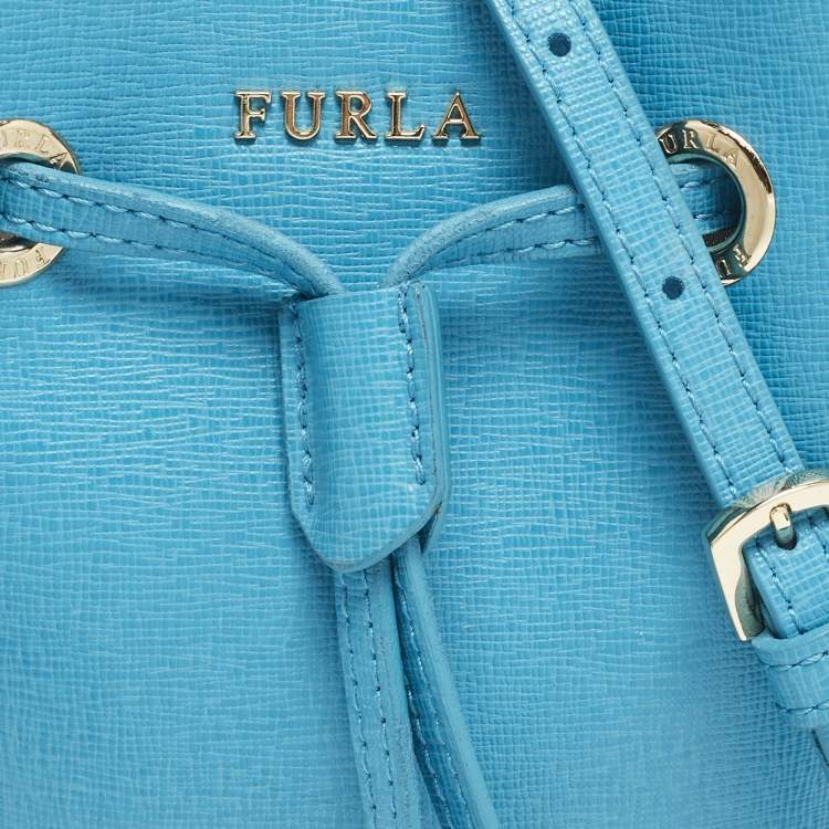 Pre Owned Furla Stacy Mini Blue Leather Drawstring Bucket Bag