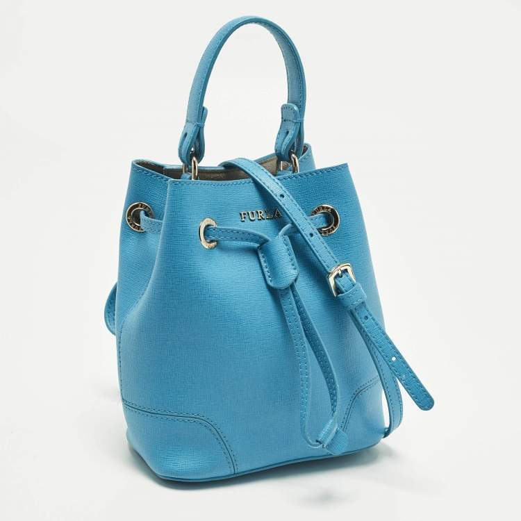 Pre Owned Furla Stacy Mini Blue Leather Drawstring Bucket Bag