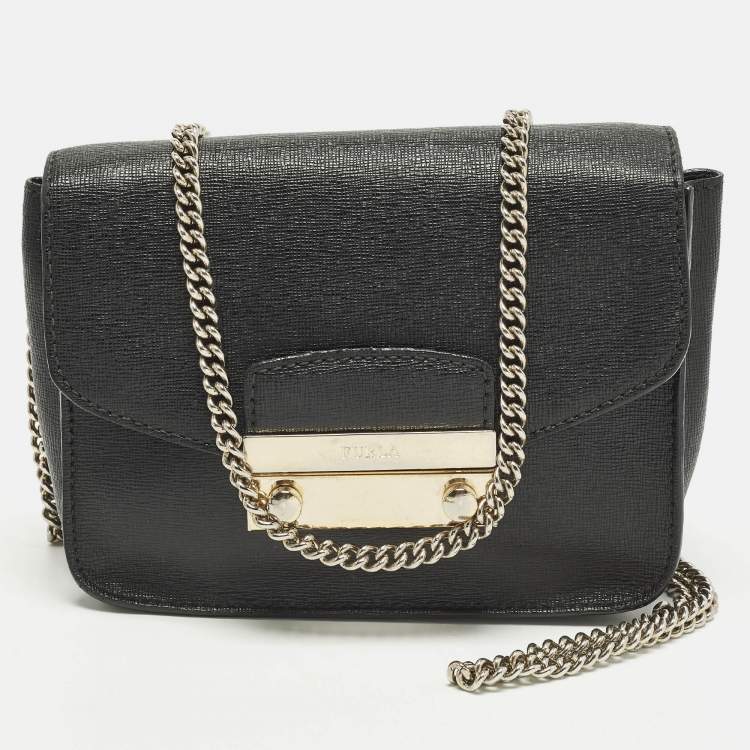 Pre Owned Furla Metropolis Mini Black Leather Crossbody Bag