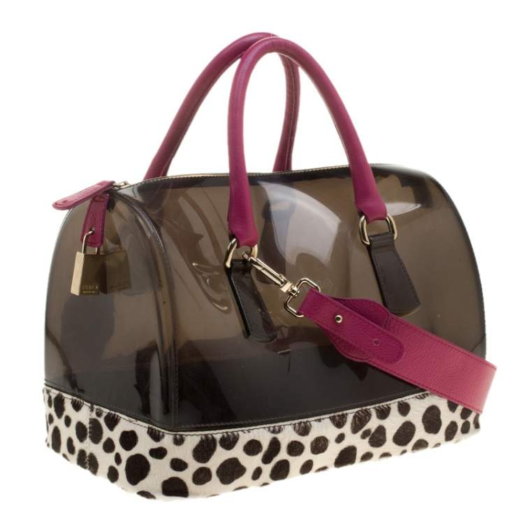 Pre Owned Furla Black/Fuchsia Glossy Rubber and Leather Leopard Detailed Candy Satchel