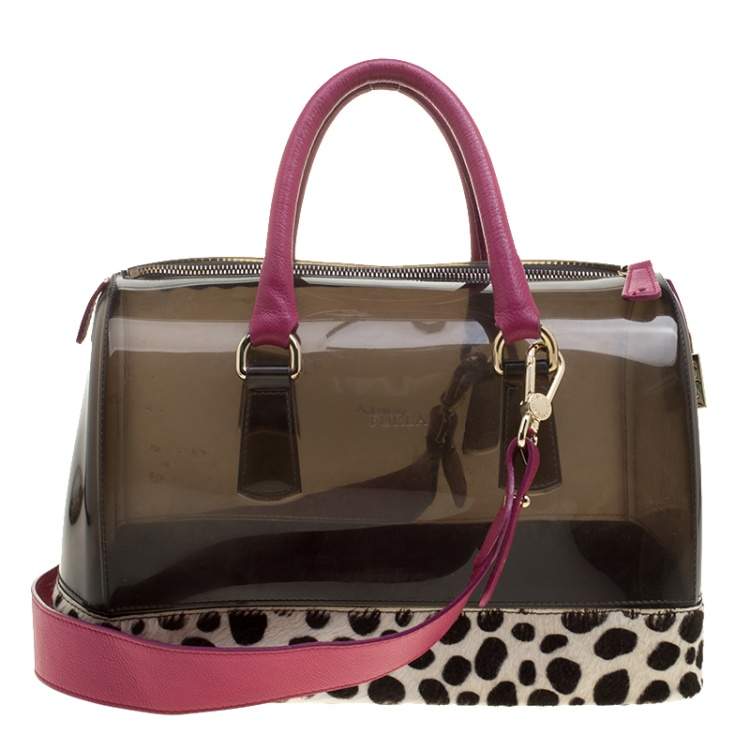 Pre Owned Furla Black/Fuchsia Glossy Rubber and Leather Leopard Detailed Candy Satchel