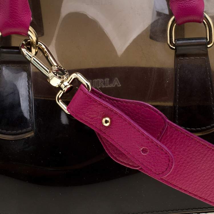 Pre Owned Furla Black/Fuchsia Glossy Rubber and Leather Leopard Detailed Candy Satchel