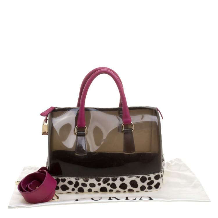 Pre Owned Furla Black/Fuchsia Glossy Rubber and Leather Leopard Detailed Candy Satchel