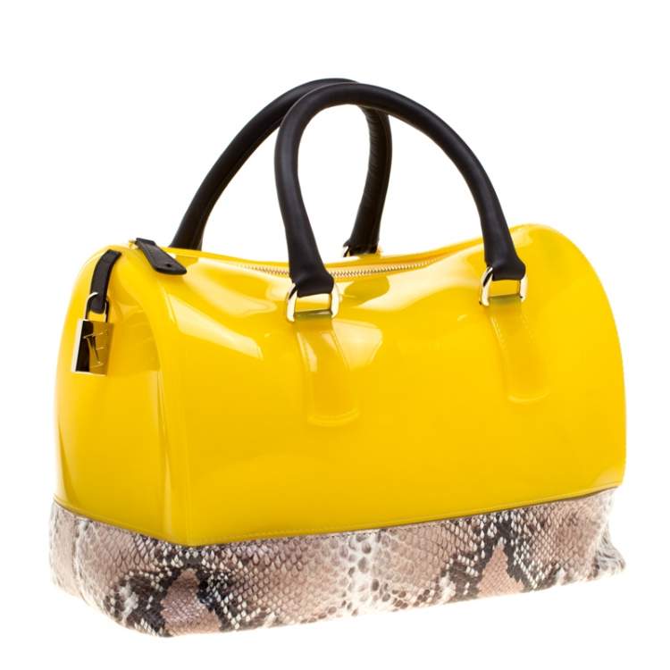 Pre Owned Furla Yellow/Beige Rubber and Python Embossed Candy Satchel