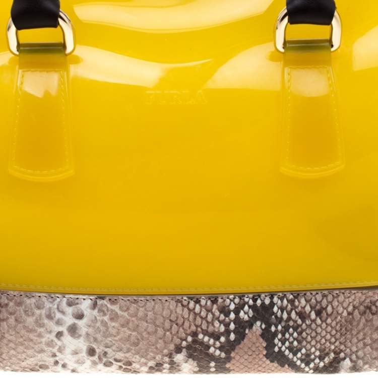 Pre Owned Furla Yellow/Beige Rubber and Python Embossed Candy Satchel