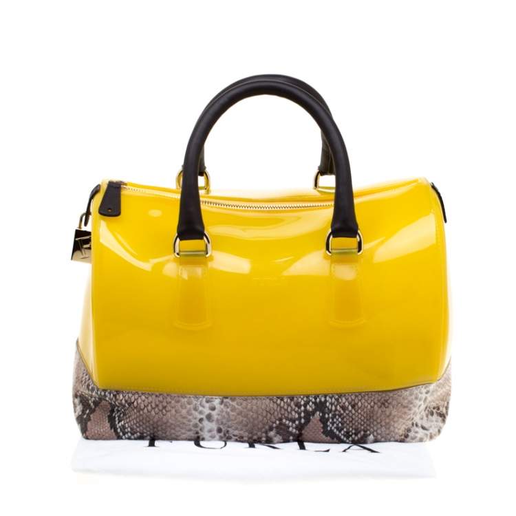 Pre Owned Furla Yellow/Beige Rubber and Python Embossed Candy Satchel