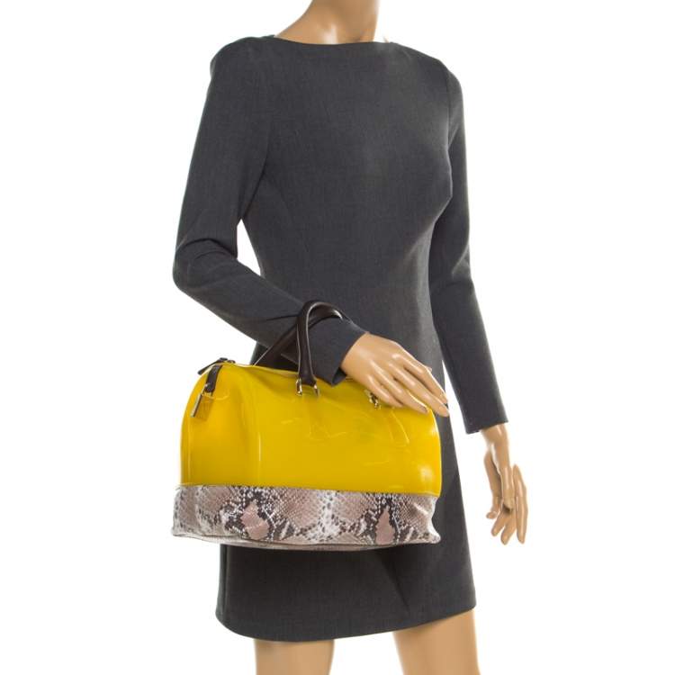 Pre Owned Furla Yellow/Beige Rubber and Python Embossed Candy Satchel