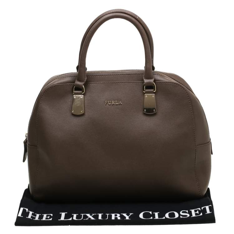 Pre Owned Furla Dark Beige Leather Dome Tote