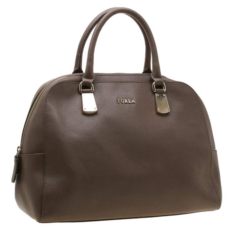 Pre Owned Furla Dark Beige Leather Dome Tote