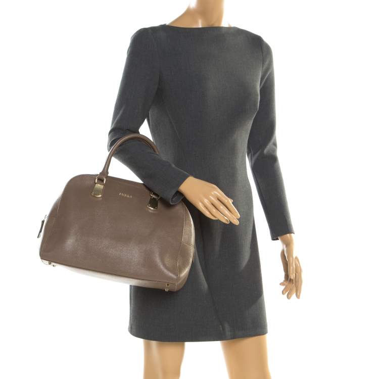 Pre Owned Furla Dark Beige Leather Dome Tote