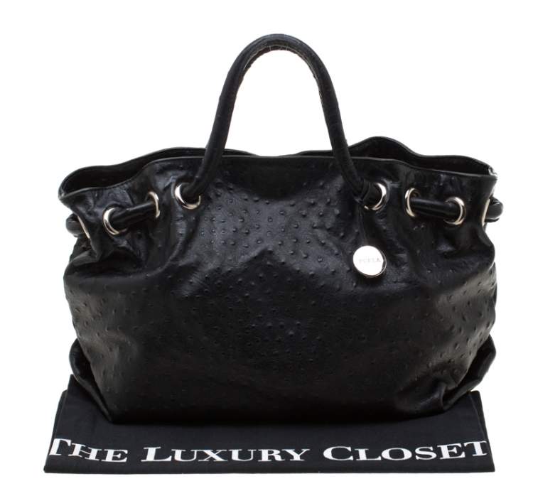 Pre Owned Furla Black Ostrich Embossed Leather Carmen Satchel