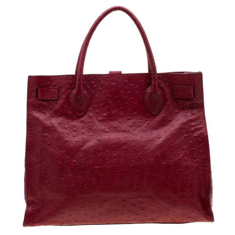 Pre Owned Furla Red Ostrich Embossed Leather Large Greta Tote