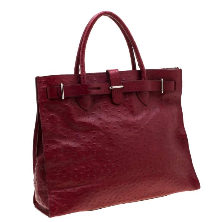 Pre Owned Furla Red Ostrich Embossed Leather Large Greta Tote