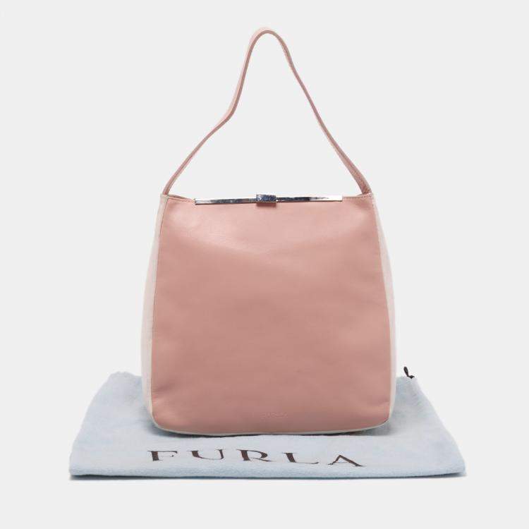 Pre Owned Furla Pink Blush/White Leather Frame Lock Tote 