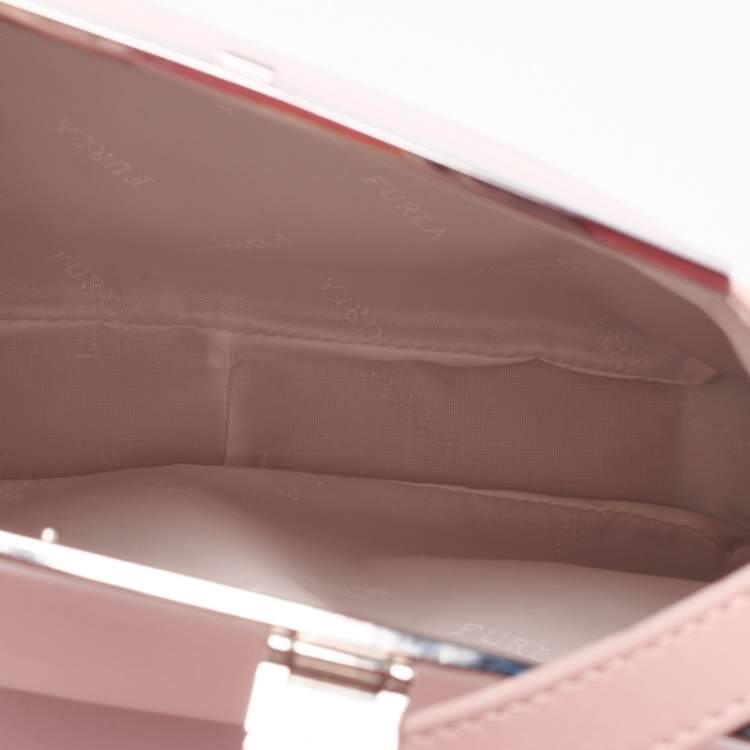 Pre Owned Furla Pink Blush/White Leather Frame Lock Tote 