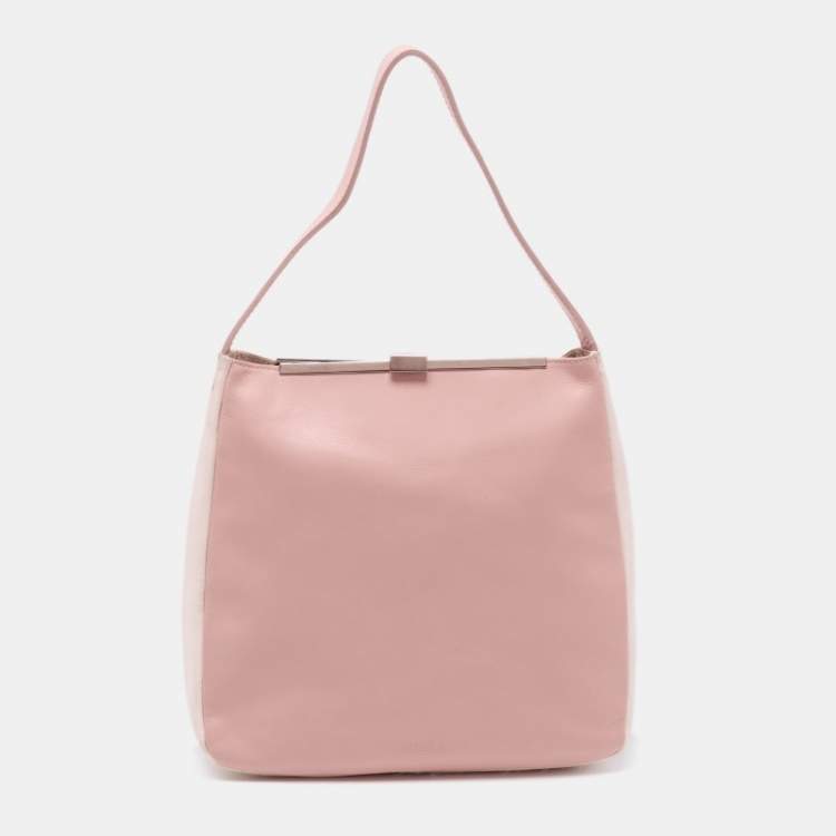 Pre Owned Furla Pink Blush/White Leather Frame Lock Tote 