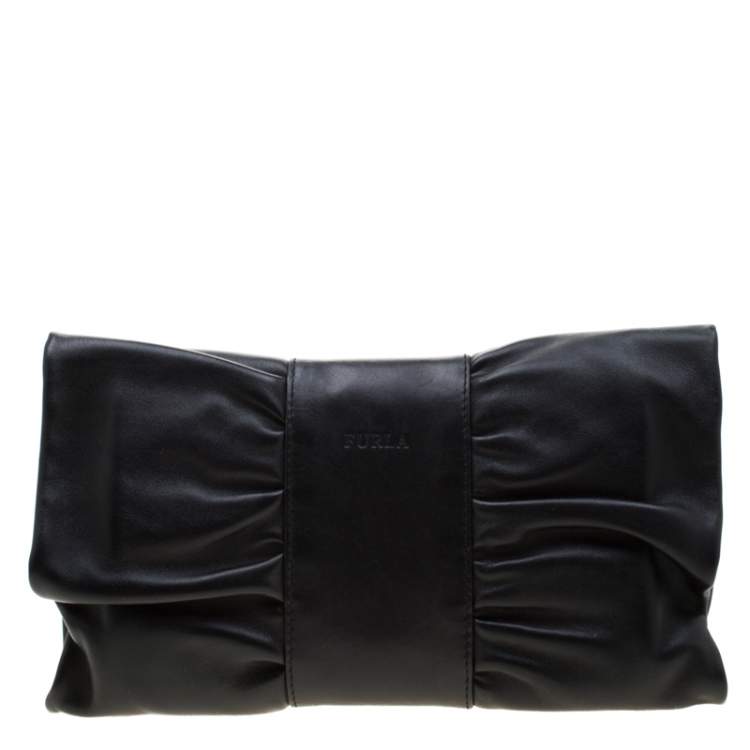 Pre Owned Furla Black Leather Bow Clutch