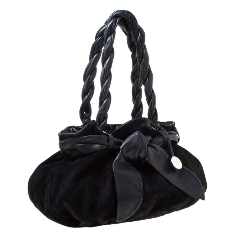 Pre Owned Furla Black Leather and Suede Bow Hobo