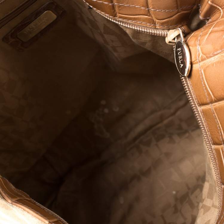 Pre Owned Furla Tan Suede and Croc Embossed Leather Hobo