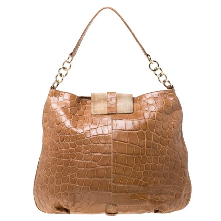 Pre Owned Furla Tan Suede and Croc Embossed Leather Hobo