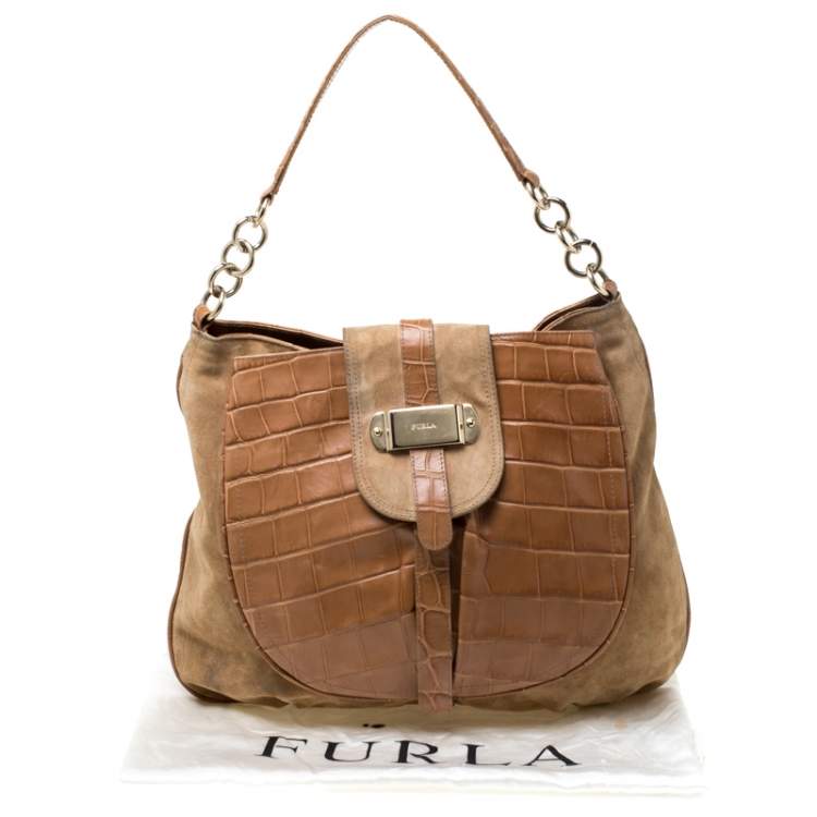 Pre Owned Furla Tan Suede and Croc Embossed Leather Hobo