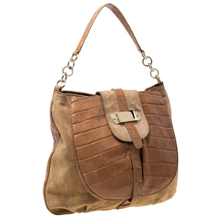 Pre Owned Furla Tan Suede and Croc Embossed Leather Hobo