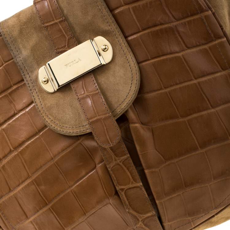Pre Owned Furla Tan Suede and Croc Embossed Leather Hobo