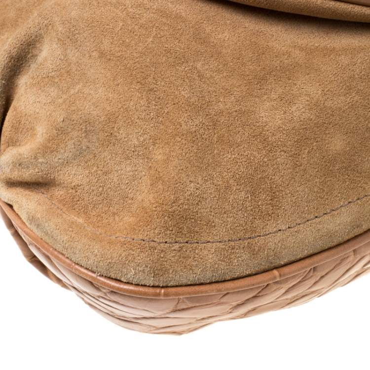 Pre Owned Furla Tan Suede and Croc Embossed Leather Hobo