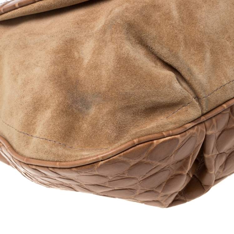 Pre Owned Furla Tan Suede and Croc Embossed Leather Hobo