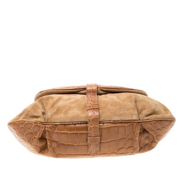 Pre Owned Furla Tan Suede and Croc Embossed Leather Hobo