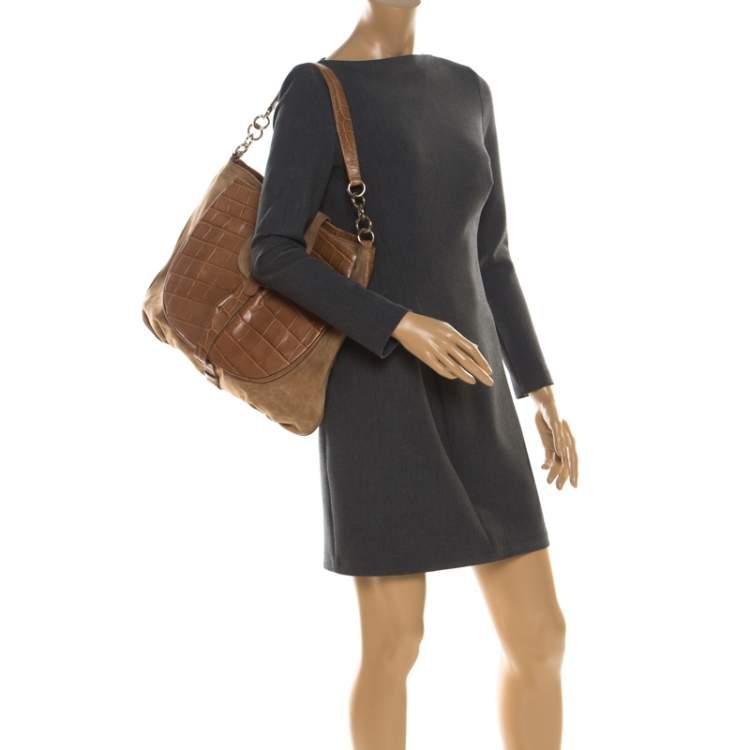 Pre Owned Furla Tan Suede and Croc Embossed Leather Hobo