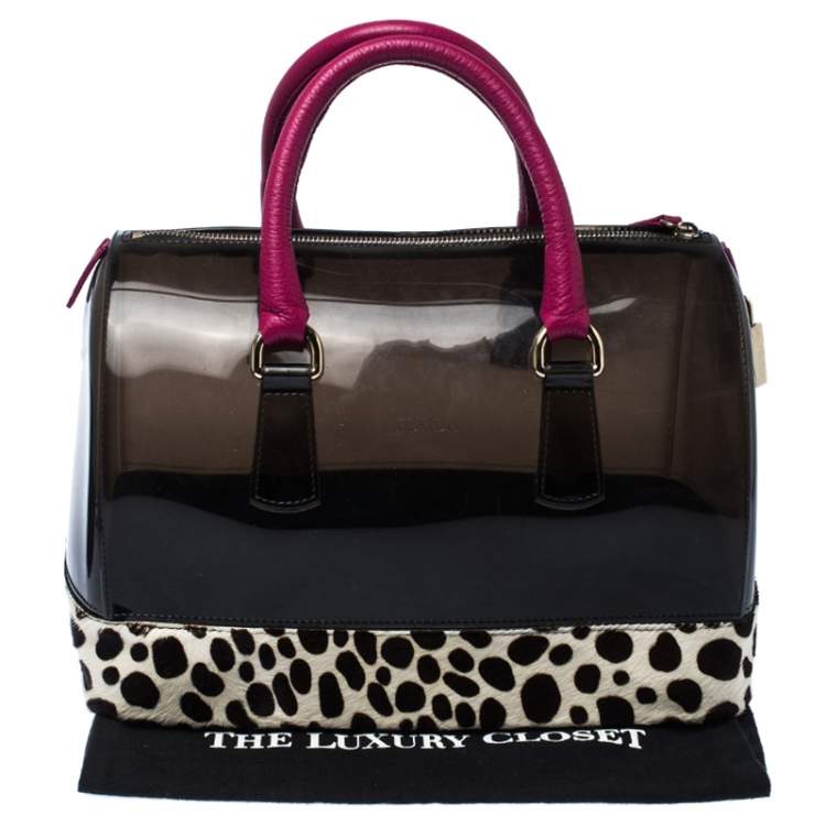 Pre Owned Furla Black/Fuchsia Rubber and Leather Leopard Detailed Candy Satchel