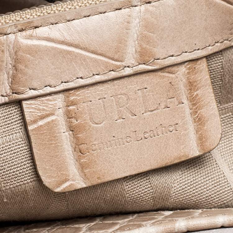 Pre Owned Furla Beige Croc Embossed Leather Divide It Tote