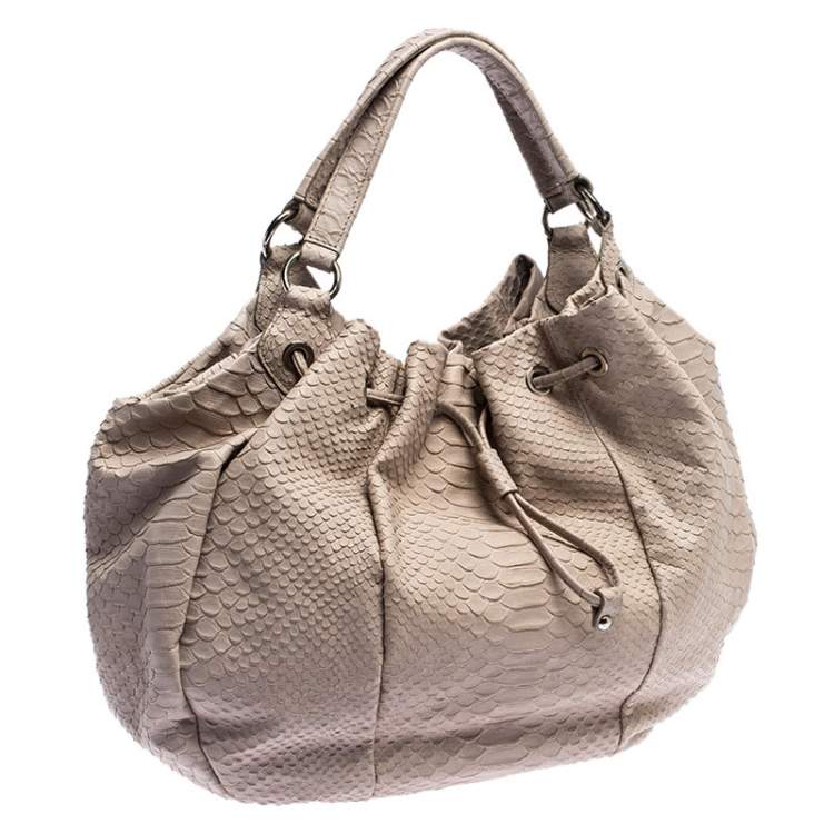 Pre Owned Furla Grey Python Embossed Leather Drawstring Hobo