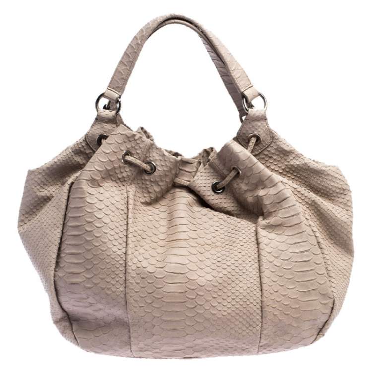 Pre Owned Furla Grey Python Embossed Leather Drawstring Hobo