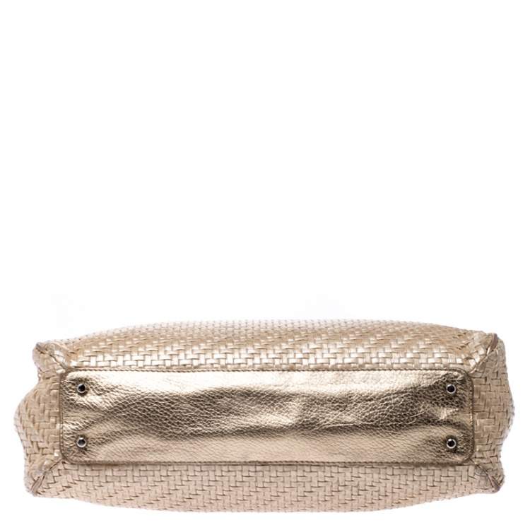 Pre Owned Furla Gold Woven Raffia and Leather Shopper Tote
