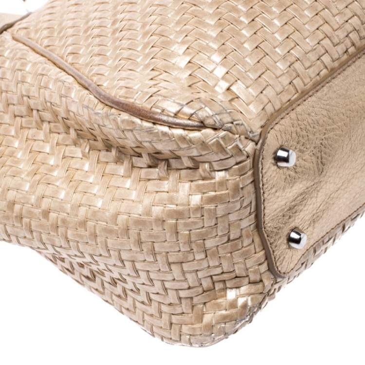 Pre Owned Furla Gold Woven Raffia and Leather Shopper Tote