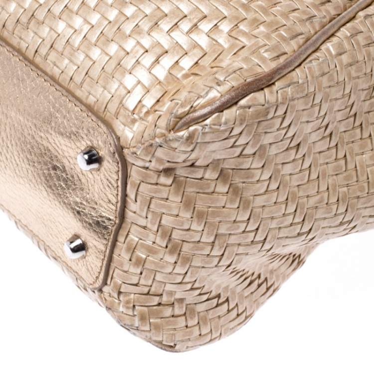 Pre Owned Furla Gold Woven Raffia and Leather Shopper Tote