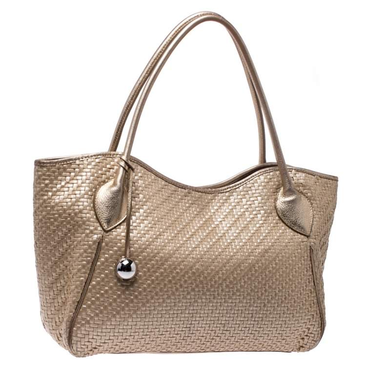 Pre Owned Furla Gold Woven Raffia and Leather Shopper Tote