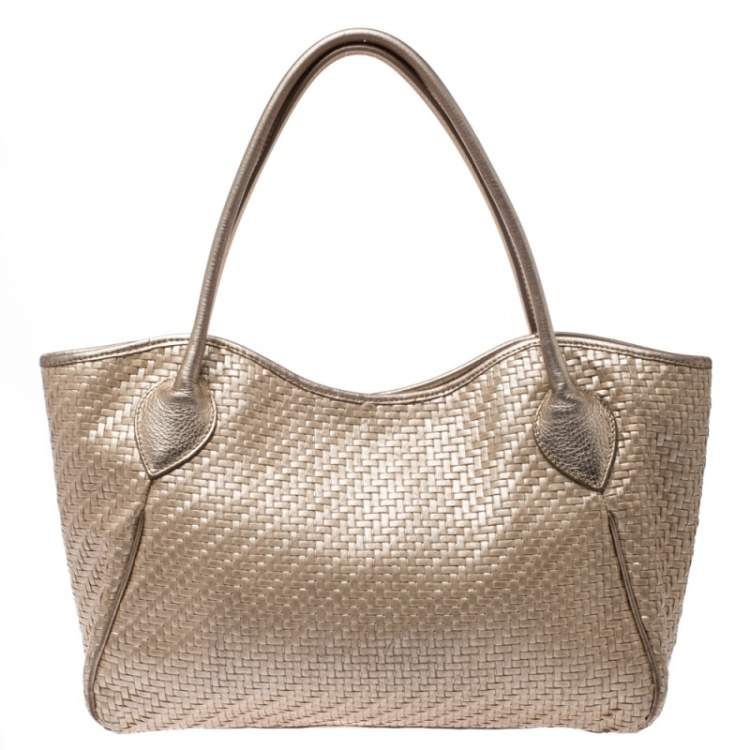 Pre Owned Furla Gold Woven Raffia and Leather Shopper Tote