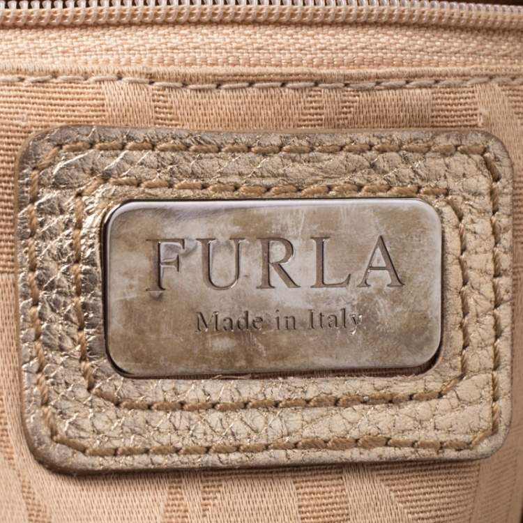 Pre Owned Furla Gold Woven Raffia and Leather Shopper Tote