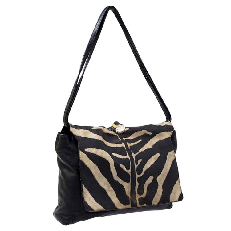 Pre Owned Furla Black Zebra Print Leather Flap Shoulder Bag
