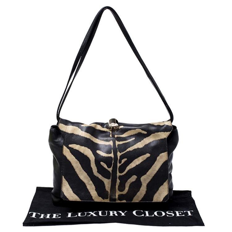 Pre Owned Furla Black Zebra Print Leather Flap Shoulder Bag