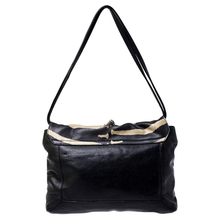 Pre Owned Furla Black Zebra Print Leather Flap Shoulder Bag