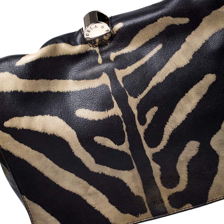 Pre Owned Furla Black Zebra Print Leather Flap Shoulder Bag