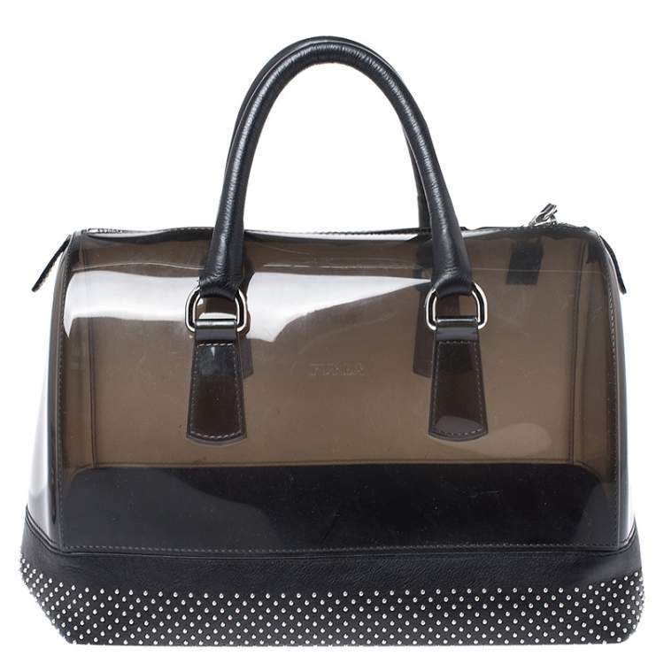 Pre Owned Furla Black PVC and Leather Studded Candy Satchel