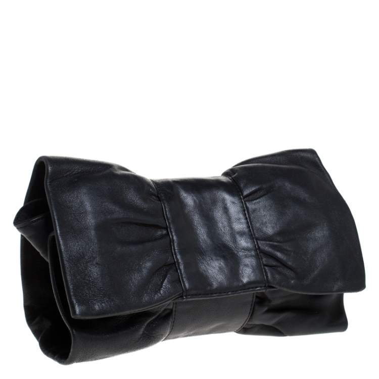 Pre Owned Furla Black Leather Bow Clutch